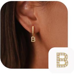 imageTURANDOSS Initial Earrings for Girls Women Teen Girl Gifts 925 Sterling Silver Post Hypoallergenic Small Huggie Hoop Earrings Gold Plated Cubic Zirconia Initial Earrings Jewelry Gifts for Girls KidsB