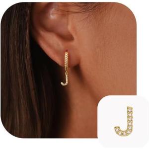 imageTURANDOSS Initial Earrings for Girls Women Teen Girl Gifts 925 Sterling Silver Post Hypoallergenic Small Huggie Hoop Earrings Gold Plated Cubic Zirconia Initial Earrings Jewelry Gifts for Girls KidsJ