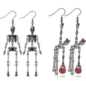 imageTurandoss  2 Pairs Halloween Skeleton Earrings for Women Spooky Skull Skeleton Dangle Earrings for Women Scary Halloween Party Earrings for Halloween Accessories Gifts for WomenBlackDangle Skeleton