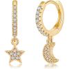 imageS925 Sterling Silver Post Huggie Hoop Earrings 14K Gold Plated Dangle Small Hoop Cuff Earring Hypoallergenic Dainty Cubic Zirconia Snake Ball Spike Evil Eye Moon Star Huggie Hoop EarringsCZ Moon Star