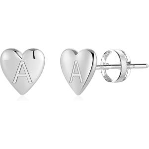 imageHeart Initial Stud Earrings for Girls  S925 Sterling Silver Post 14K Gold Plated Dainty Letter Earrings Hypoallergenic Little Initial Earrings for Women Girls Sensitive Girls EarringsA  Silver
