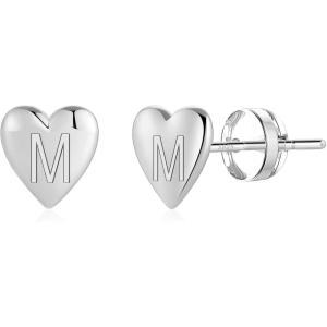imageHeart Initial Stud Earrings for Girls  S925 Sterling Silver Post 14K Gold Plated Dainty Letter Earrings Hypoallergenic Little Initial Earrings for Women Girls Sensitive Girls EarringsM  Silver