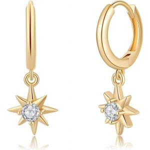 imageS925 Sterling Silver Post Huggie Hoop Earrings 14K Gold Plated Dangle Small Hoop Cuff Earring Hypoallergenic Dainty Cubic Zirconia Snake Ball Spike Evil Eye Moon Star Huggie Hoop EarringsNorth Star