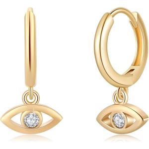 imageS925 Sterling Silver Post Huggie Hoop Earrings 14K Gold Plated Dangle Small Hoop Cuff Earring Hypoallergenic Dainty Cubic Zirconia Snake Ball Spike Evil Eye Moon Star Huggie Hoop EarringsCZ Evil Eye