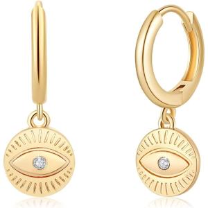imageS925 Sterling Silver Post Huggie Hoop Earrings 14K Gold Plated Dangle Small Hoop Cuff Earring Hypoallergenic Dainty Cubic Zirconia Snake Ball Spike Evil Eye Moon Star Huggie Hoop EarringsDisc CZ Evil Eye