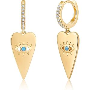 imageS925 Sterling Silver Post Huggie Hoop Earrings 14K Gold Plated Dangle Small Hoop Cuff Earring Hypoallergenic Dainty Cubic Zirconia Snake Ball Spike Evil Eye Moon Star Huggie Hoop EarringsHeart Evil Eye