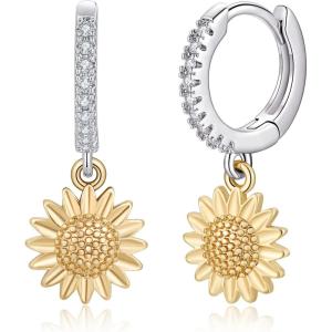 imageS925 Sterling Silver Post Huggie Hoop Earrings 14K Gold Plated Dangle Small Hoop Cuff Earring Hypoallergenic Dainty Cubic Zirconia Snake Ball Spike Evil Eye Moon Star Huggie Hoop EarringsSunflower