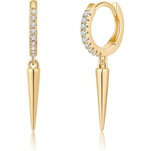 imageS925 Sterling Silver Post Huggie Hoop Earrings 14K Gold Plated Dangle Small Hoop Cuff Earring Hypoallergenic Dainty Cubic Zirconia Snake Ball Spike Evil Eye Moon Star Huggie Hoop EarringsSpike