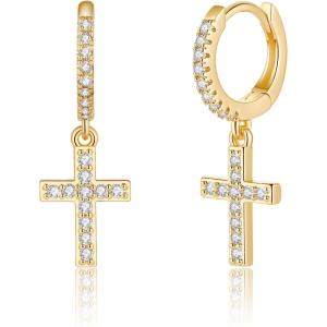 imageS925 Sterling Silver Post Huggie Hoop Earrings 14K Gold Plated Dangle Small Hoop Cuff Earring Hypoallergenic Dainty Cubic Zirconia Snake Ball Spike Evil Eye Moon Star Huggie Hoop EarringsCZ Cross
