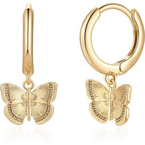 imageS925 Sterling Silver Post Huggie Hoop Earrings 14K Gold Plated Dangle Small Hoop Cuff Earring Hypoallergenic Dainty Cubic Zirconia Snake Ball Spike Evil Eye Moon Star Huggie Hoop EarringsButterfly