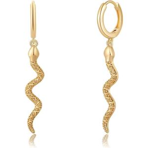 imageS925 Sterling Silver Post Huggie Hoop Earrings 14K Gold Plated Dangle Small Hoop Cuff Earring Hypoallergenic Dainty Cubic Zirconia Snake Ball Spike Evil Eye Moon Star Huggie Hoop EarringsSnake