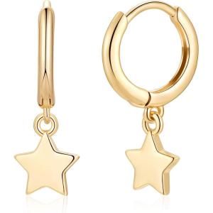 imageS925 Sterling Silver Post Huggie Hoop Earrings 14K Gold Plated Dangle Small Hoop Cuff Earring Hypoallergenic Dainty Cubic Zirconia Snake Ball Spike Evil Eye Moon Star Huggie Hoop EarringsStar