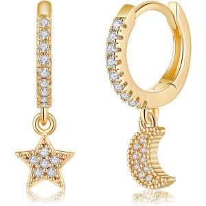 imageS925 Sterling Silver Post Huggie Hoop Earrings 14K Gold Plated Dangle Small Hoop Cuff Earring Hypoallergenic Dainty Cubic Zirconia Snake Ball Spike Evil Eye Moon Star Huggie Hoop EarringsCZ Moon Star