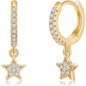 imageS925 Sterling Silver Post Huggie Hoop Earrings 14K Gold Plated Small Dangle Hoop Earrings Hypoallergenic Dainty Cubic Zirconia Ball Spike Evil Eye Snake Bee Moon Star Huggie Hoop Earringscz star