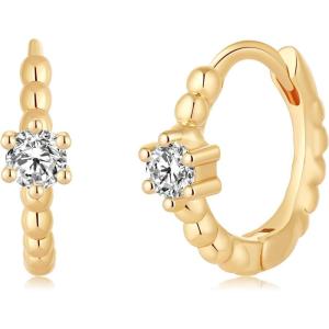 imageS925 Sterling Silver Post Huggie Hoop Earrings 14K Gold Plated Small Dangle Hoop Earrings Hypoallergenic Dainty Cubic Zirconia Ball Spike Evil Eye Snake Bee Moon Star Huggie Hoop Earringscz