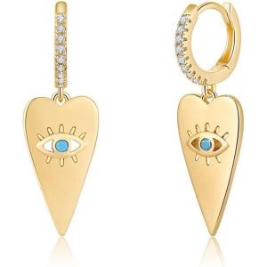 imageS925 Sterling Silver Post Huggie Hoop Earrings 14K Gold Plated Small Dangle Hoop Earrings Hypoallergenic Dainty Cubic Zirconia Ball Spike Evil Eye Snake Bee Moon Star Huggie Hoop Earringsheart evil eye