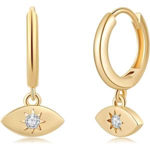 imageS925 Sterling Silver Post Huggie Hoop Earrings 14K Gold Plated Small Dangle Hoop Earrings Hypoallergenic Dainty Cubic Zirconia Ball Spike Evil Eye Snake Bee Moon Star Huggie Hoop Earringscz evil eye
