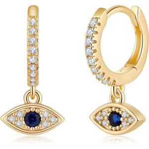 imageS925 Sterling Silver Post Huggie Hoop Earrings 14K Gold Plated Small Dangle Hoop Earrings Hypoallergenic Dainty Cubic Zirconia Ball Spike Evil Eye Snake Bee Moon Star Huggie Hoop Earringsblue cz evil eye
