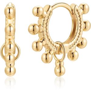 imageS925 Sterling Silver Post Huggie Hoop Earrings 14K Gold Plated Small Dangle Hoop Earrings Hypoallergenic Dainty Cubic Zirconia Ball Spike Evil Eye Snake Bee Moon Star Huggie Hoop Earringsball