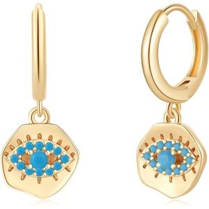 imageS925 Sterling Silver Post Huggie Hoop Earrings 14K Gold Plated Small Dangle Hoop Earrings Hypoallergenic Dainty Cubic Zirconia Ball Spike Evil Eye Snake Bee Moon Star Huggie Hoop Earringsturquoise evil eye