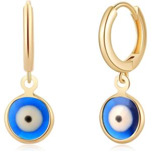 imageS925 Sterling Silver Post Huggie Hoop Earrings 14K Gold Plated Small Dangle Hoop Earrings Hypoallergenic Dainty Cubic Zirconia Ball Spike Evil Eye Snake Bee Moon Star Huggie Hoop Earringsblue evil eye
