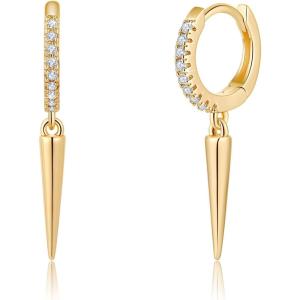 imageS925 Sterling Silver Post Huggie Hoop Earrings 14K Gold Plated Small Dangle Hoop Earrings Hypoallergenic Dainty Cubic Zirconia Ball Spike Evil Eye Snake Bee Moon Star Huggie Hoop Earringsspike