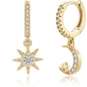imageS925 Sterling Silver Post Huggie Hoop Earrings 14K Gold Plated Small Dangle Hoop Earrings Hypoallergenic Dainty Cubic Zirconia Ball Spike Evil Eye Snake Bee Moon Star Huggie Hoop Earringscz moon star