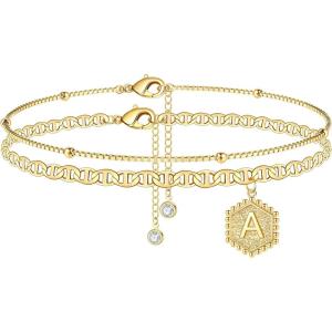 imageTurandoss Ankle Bracelets for Women Initial Anklet 14K Gold Plated Handmade Layered Box Chain Flat Mariner Hexagon Anklet Letter Initial Ankle Bracelet for Women Gold Summer Beach FootA