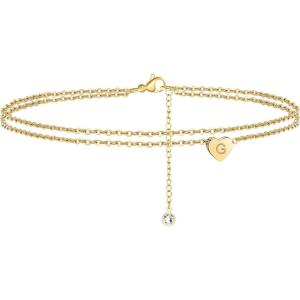 imageTurandoss Heart Initial Ankle Bracelets for Women 14K Gold Filled Handmade Dainty Layered Anklet Letter Initial Heart Ankle Bracelets for Women Beach Jewelry GiftsG