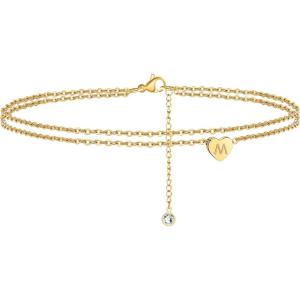 imageTurandoss Heart Initial Ankle Bracelets for Women 14K Gold Filled Handmade Dainty Layered Anklet Letter Initial Heart Ankle Bracelets for Women Beach Jewelry GiftsM