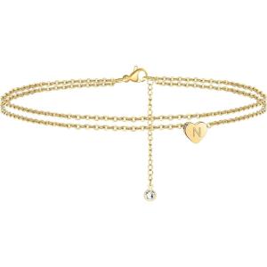 imageTurandoss Heart Initial Ankle Bracelets for Women 14K Gold Filled Handmade Dainty Layered Anklet Letter Initial Heart Ankle Bracelets for Women Beach Jewelry GiftsN