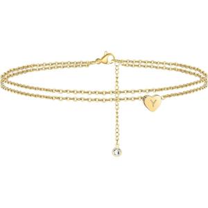 imageTurandoss Heart Initial Ankle Bracelets for Women 14K Gold Filled Handmade Dainty Layered Anklet Letter Initial Heart Ankle Bracelets for Women Beach Jewelry GiftsY