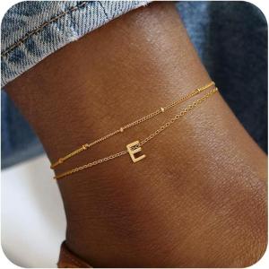 imageTurandoss Initial Ankle Bracelets for Women Trendy  14K Gold Plated Layered Bead Chain Ankle Bracelet Initial Ankle Bracelets Dainty Gold Initial Ankle Bracelets for Women Jewelry Gifts WaterproofE