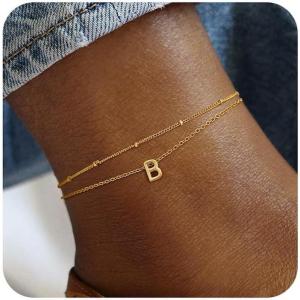 imageTurandoss Initial Ankle Bracelets for Women Trendy  14K Gold Plated Layered Bead Chain Ankle Bracelet Initial Ankle Bracelets Dainty Gold Initial Ankle Bracelets for Women Jewelry Gifts WaterproofB