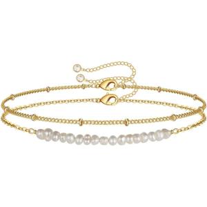 imageDainty Gold Bracelets for Women 14K Gold Filled Adjustable Layered Bracelet Cute Evil Eye Oval Chain Pearl Bar Turtle Gold Bracelets for Women JewelryPearlsBeads Chain