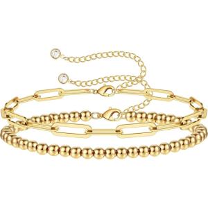 imageDainty Gold Bracelets for Women 14K Gold Filled Adjustable Layered Bracelet Cute Evil Eye Oval Chain Pearl Bar Turtle Gold Bracelets for Women JewelryPearl Beads Chain