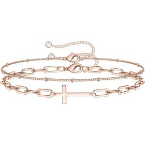 imageDainty Gold Bracelets for Women 14K Gold Filled Adjustable Layered Bracelet Cute Evil Eye Oval Chain Pearl Bar Turtle Gold Bracelets for Women JewelryBeads ChainCrossRose