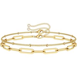 imageDainty Gold Bracelets for Women 14K Gold Filled Adjustable Layered Bracelet Cute Evil Eye Oval Chain Pearl Bar Turtle Gold Bracelets for Women JewelryBeads ChainOval chain