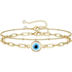 imageDainty Gold Bracelets for Women 14K Gold Filled Adjustable Layered Bracelet Cute Evil Eye Oval Chain Pearl Bar Turtle Gold Bracelets for Women JewelryChainEvil Eye