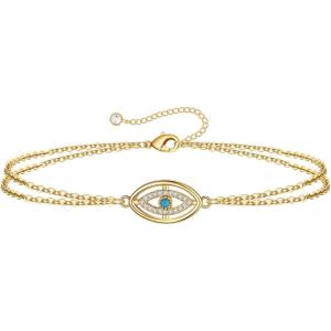 imageDainty Gold Bracelets for Women 14K Gold Filled Adjustable Layered Bracelet Cute Evil Eye Oval Chain Pearl Bar Turtle Gold Bracelets for Women JewelryCZ Evil Eye