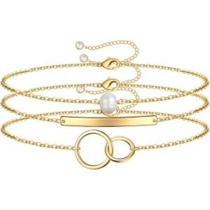 imageDainty Gold Bracelets for Women 14K Gold Filled Adjustable Layered Bracelet Cute Evil Eye Oval Chain Pearl Bar Turtle Gold Bracelets for Women JewelryPearlBarTwo Cirlcles
