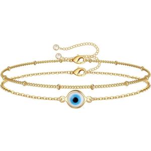 imageDainty Gold Bracelets for Women 14K Gold Filled Adjustable Layered Bracelet Cute Evil Eye Oval Chain Pearl Bar Turtle Gold Bracelets for Women JewelryEvil EyeBeads Chain