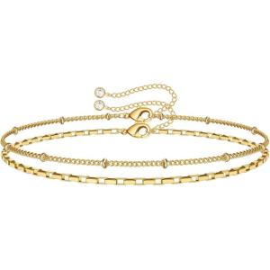 imageDainty Gold Bracelets for Women 14K Gold Filled Adjustable Layered Bracelet Cute Evil Eye Oval Chain Pearl Bar Turtle Gold Bracelets for Women JewelryLayered Chain