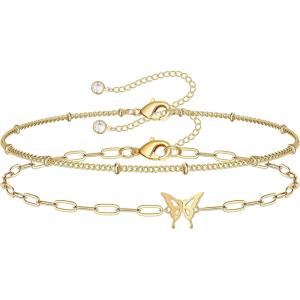 imageDainty Gold Bracelets for Women 14K Gold Filled Adjustable Layered Bracelet Cute Evil Eye Oval Chain Pearl Bar Turtle Gold Bracelets for Women JewelryChainButterfly