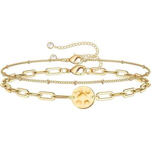 imageDainty Gold Bracelets for Women 14K Gold Filled Adjustable Layered Bracelet Cute Evil Eye Oval Chain Pearl Bar Turtle Gold Bracelets for Women JewelryBeads ChainHammered Disc
