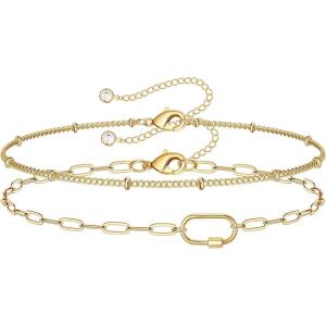 imageDainty Gold Bracelets for Women 14K Gold Filled Adjustable Layered Bracelet Cute Evil Eye Oval Chain Pearl Bar Turtle Gold Bracelets for Women JewelryBeads ChainOval Screw Clasp