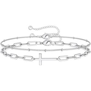 imageDainty Gold Bracelets for Women 14K Gold Filled Adjustable Layered Bracelet Cute Evil Eye Oval Chain Pearl Bar Turtle Gold Bracelets for Women JewelryBeads ChainCrossSilver