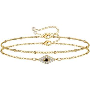 imageDainty Gold Bracelets for Women 14K Gold Filled Adjustable Layered Bracelet Cute Evil Eye Oval Chain Pearl Bar Turtle Gold Bracelets for Women JewelryCZ Evil EyeBeads Chain