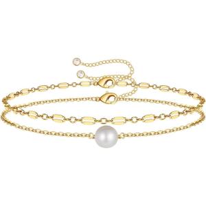 imageDainty Gold Bracelets for Women 14K Gold Filled Adjustable Layered Bracelet Cute Evil Eye Oval Chain Pearl Bar Turtle Gold Bracelets for Women JewelryPearlChain