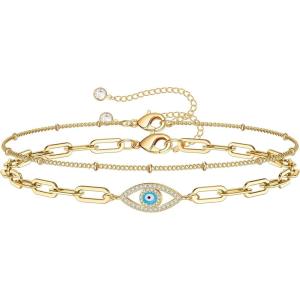 imageDainty Gold Bracelets for Women 14K Gold Filled Adjustable Layered Bracelet Cute Evil Eye Oval Chain Pearl Bar Turtle Gold Bracelets for Women JewelryBeads ChainEvil Eye